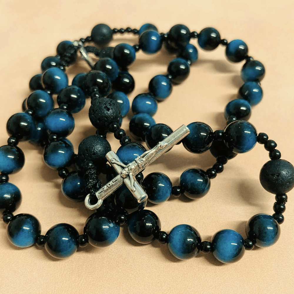 różaniec z agatu, kolor granatowo - czarny